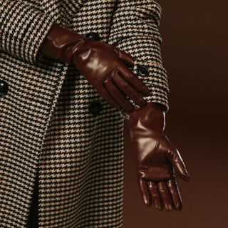 Camilla (brown) - Italian long leather winter gloves with luxurious cashmere lining - Glamourous Grace