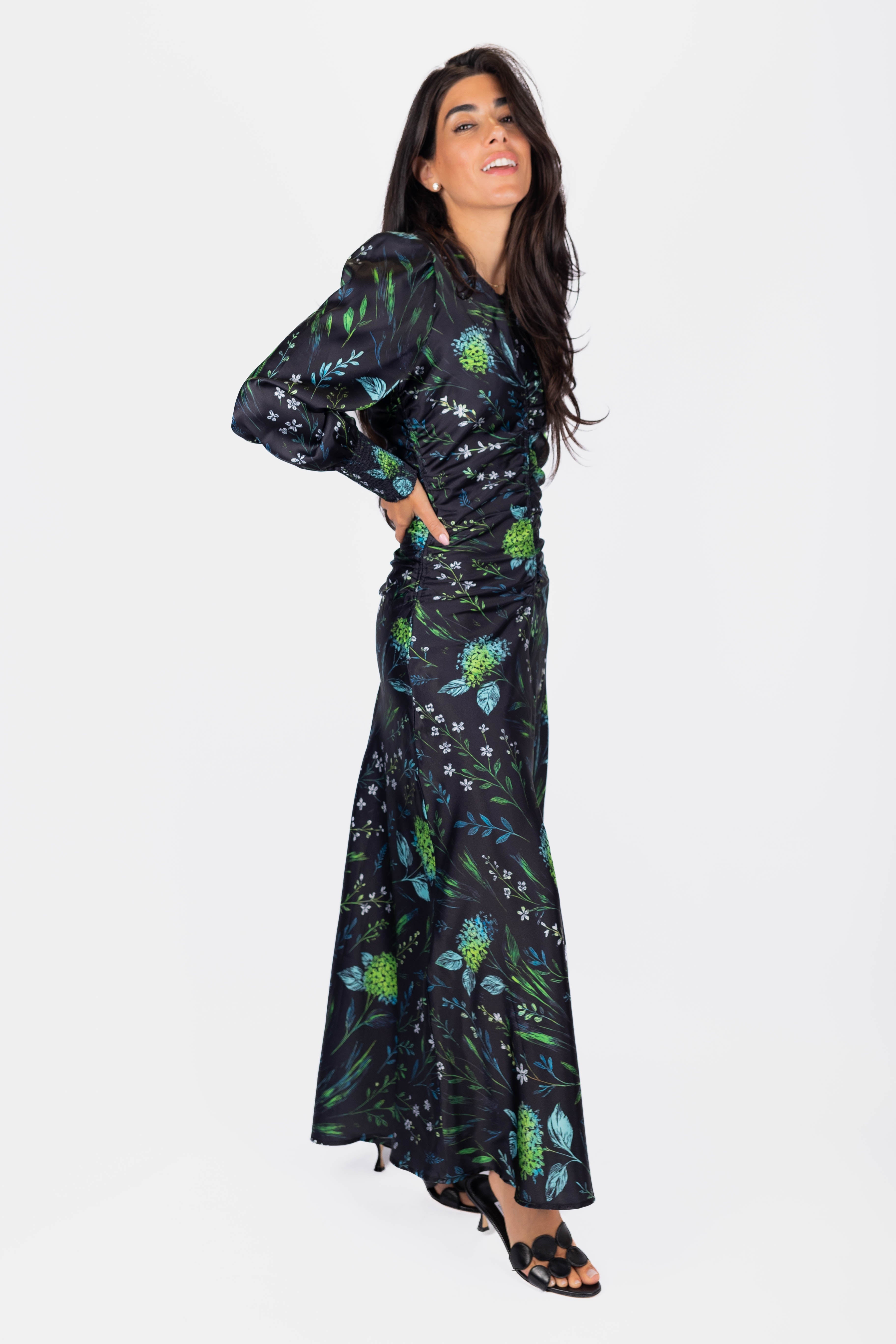 Audrey Dress Long Sleeve (Black / Green) - Glamourous Grace