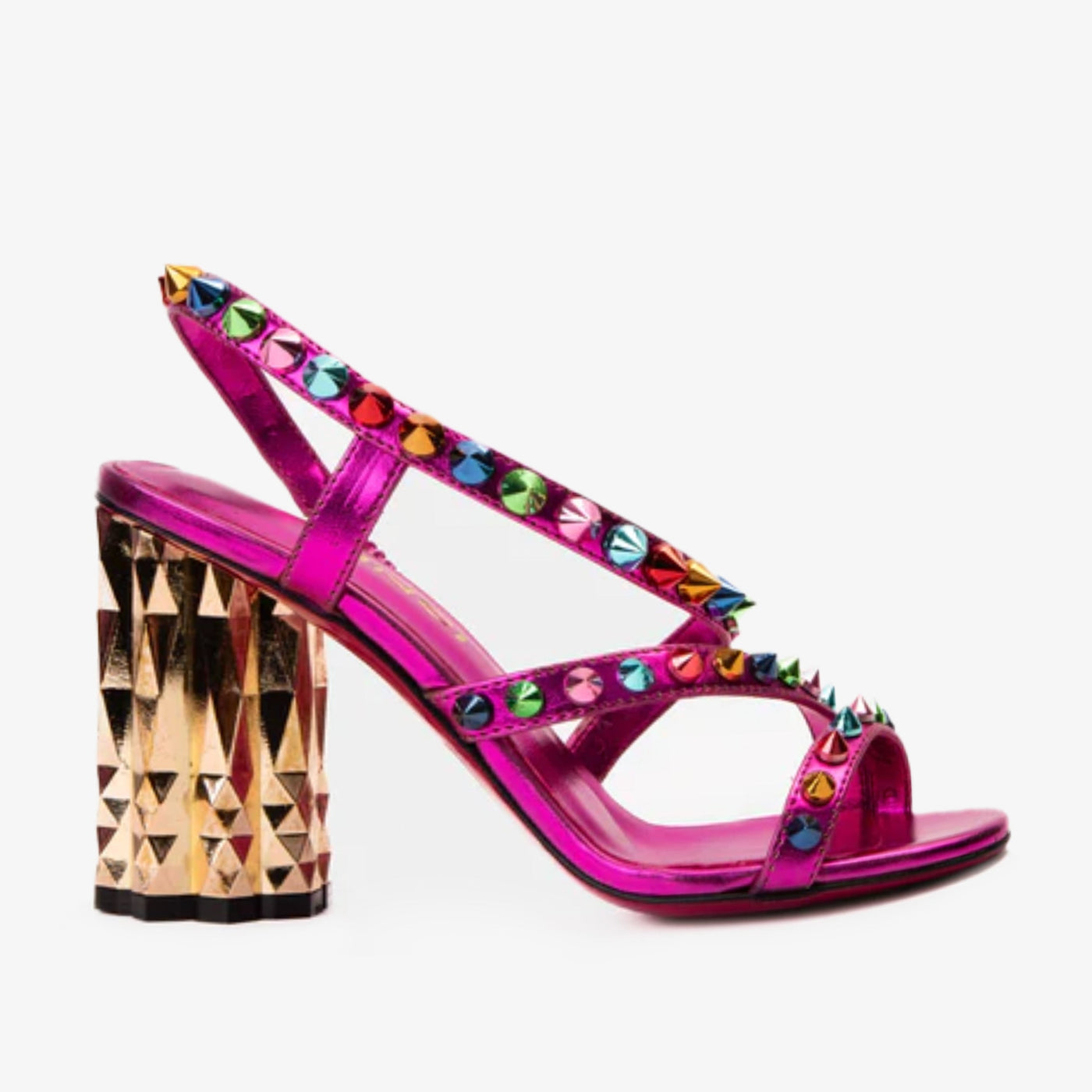 The Caris Fuchsia Block Heel Spike Leather Women Sandal Final Sale! - Glamourous Grace