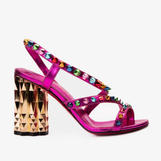The Caris Fuchsia Block Heel Spike Leather Women Sandal Final Sale! - Glamourous Grace