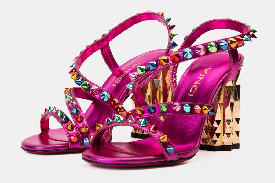 The Caris Fuchsia Block Heel Spike Leather Women Sandal Final Sale! - Glamourous Grace