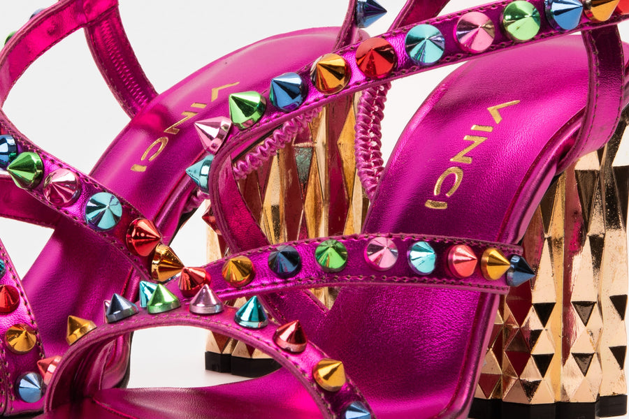 The Caris Fuchsia Block Heel Spike Leather Women Sandal Final Sale! - Glamourous Grace