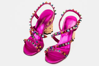 The Caris Fuchsia Block Heel Spike Leather Women Sandal Final Sale! - Glamourous Grace