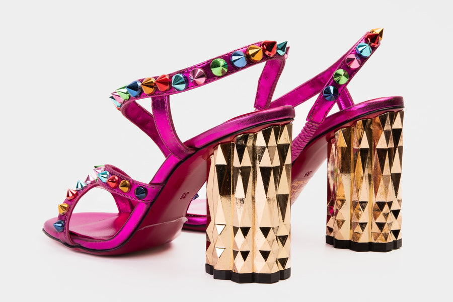 The Caris Fuchsia Block Heel Spike Leather Women Sandal Final Sale! - Glamourous Grace