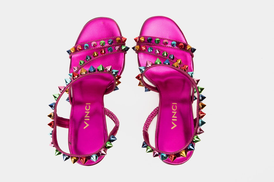 The Caris Fuchsia Block Heel Spike Leather Women Sandal Final Sale! - Glamourous Grace