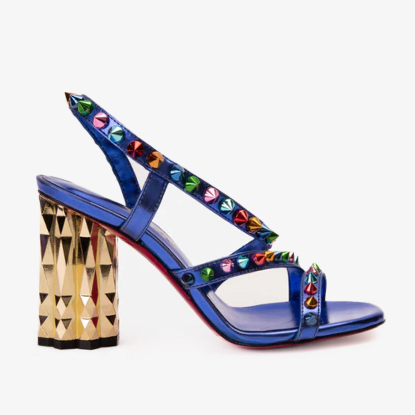 The Caris Sax Blue Block Heel Spike Leather Women Sandal Final Sale! - Glamourous Grace