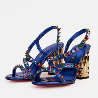 The Caris Sax Blue Block Heel Spike Leather Women Sandal Final Sale! - Glamourous Grace
