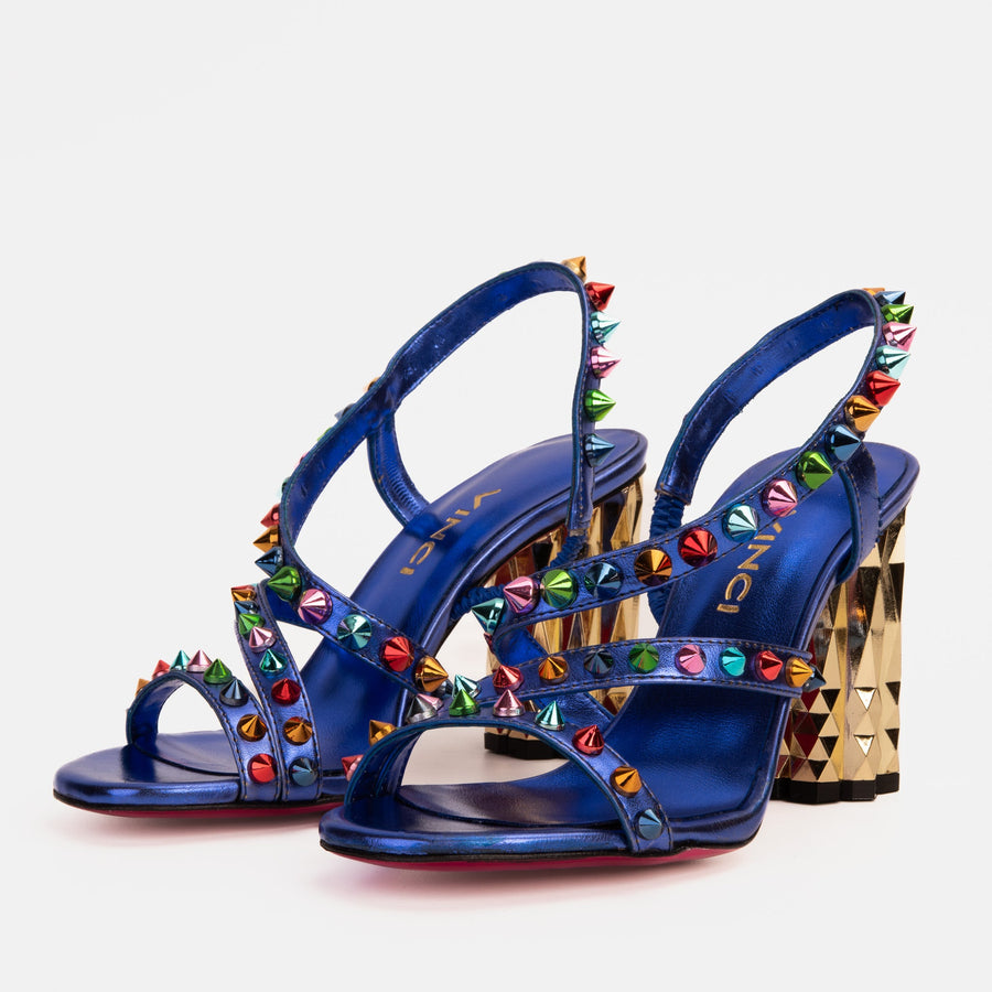 The Caris Sax Blue Block Heel Spike Leather Women Sandal Final Sale! - Glamourous Grace