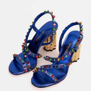The Caris Sax Blue Block Heel Spike Leather Women Sandal Final Sale! - Glamourous Grace LLC