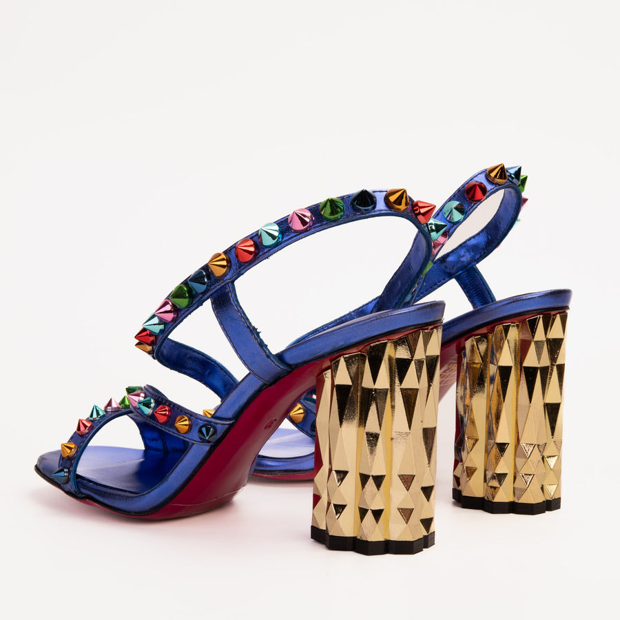 The Caris Sax Blue Block Heel Spike Leather Women Sandal Final Sale! - Glamourous Grace