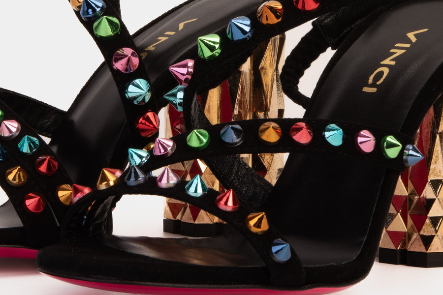 The Caris Black Block Heel Spike Leather Women Sandal Final Sale! - Glamourous Grace