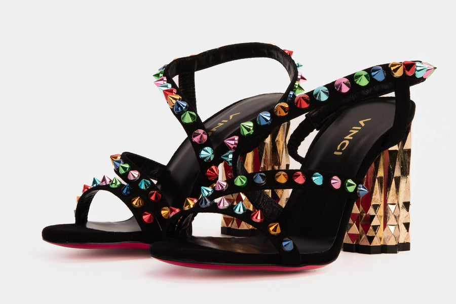 The Caris Black Block Heel Spike Leather Women Sandal Final Sale! - Glamourous Grace