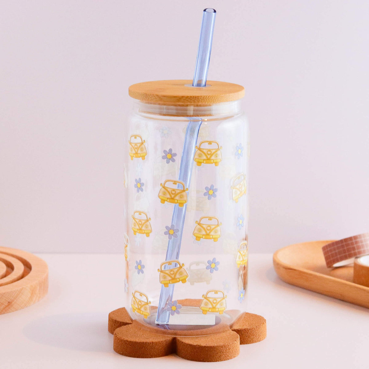 Cars and Daisies 16 oz Glass Cup Set - Glamourous Grace