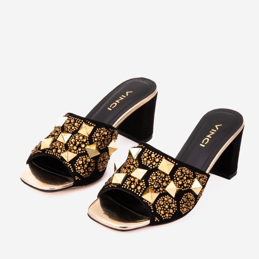 The Chantilly Black Glitter Leather Women Sandal - Glamourous Grace