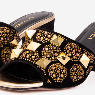The Chantilly Black Glitter Leather Women Sandal - Glamourous Grace