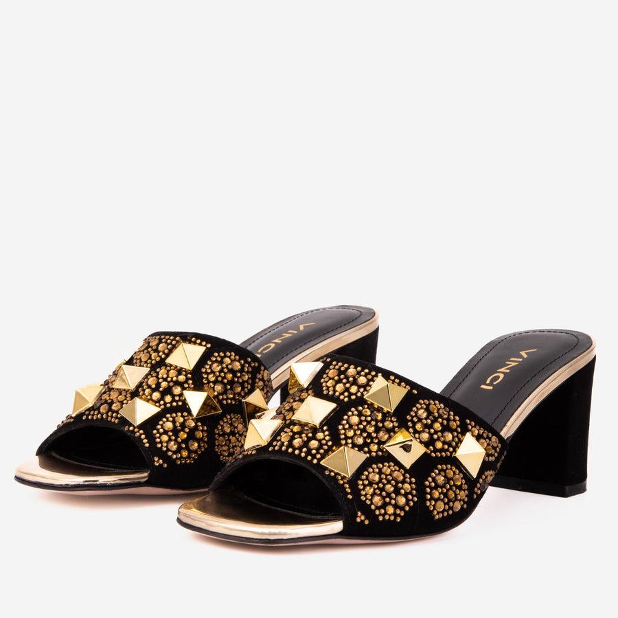The Chantilly Black Glitter Leather Women Sandal - Glamourous Grace