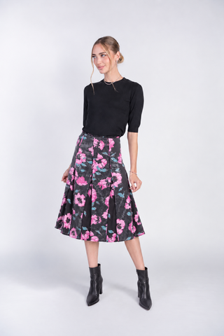 Sequined Panel Skirt- Pink Blooms on Black