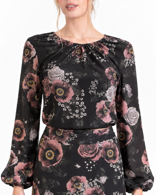 Debbie Top- Pink Flowers on Black