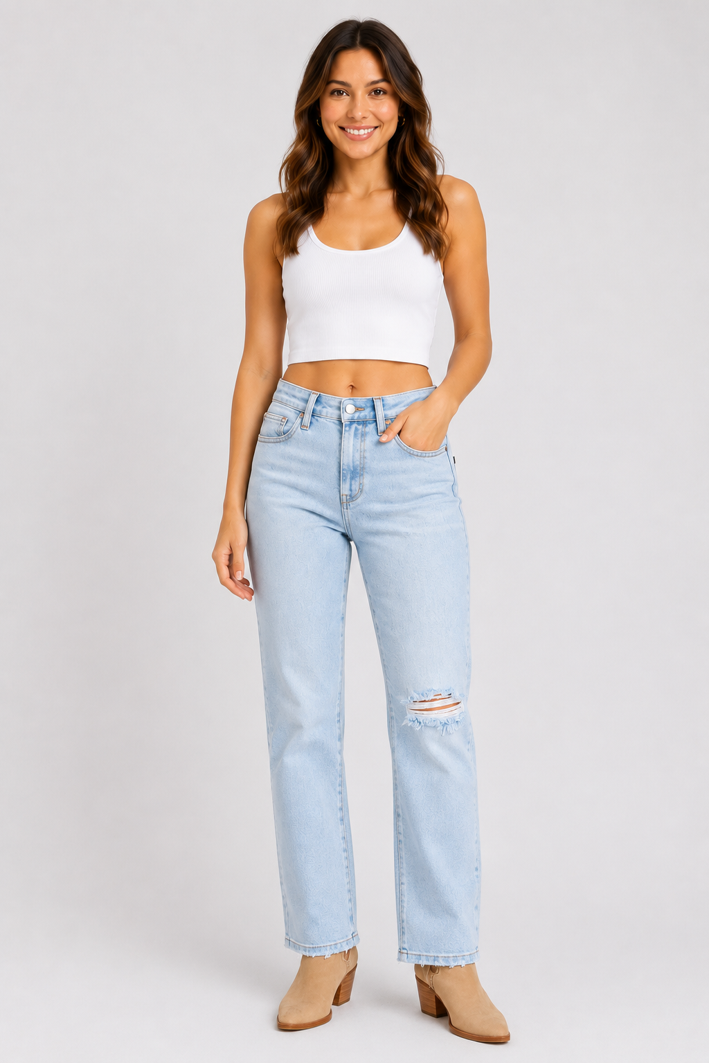 Judy Blue High Waisted Distressed Straight Leg Blue Denim Jeans