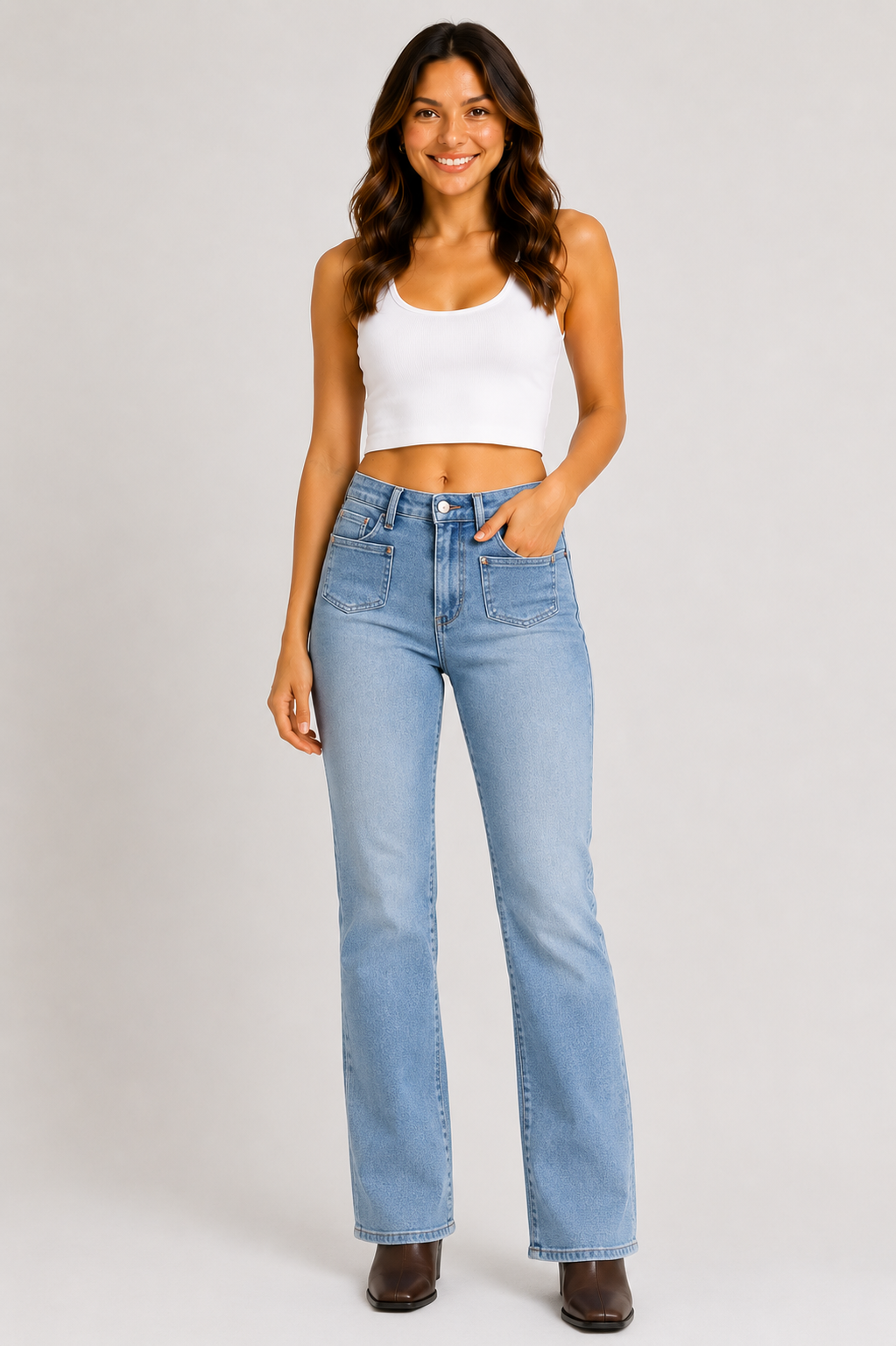 Judy Blue Mid Rise Bootcut Jeans with Contrast Wash Front Patch Pockets - Glamourous Grace
