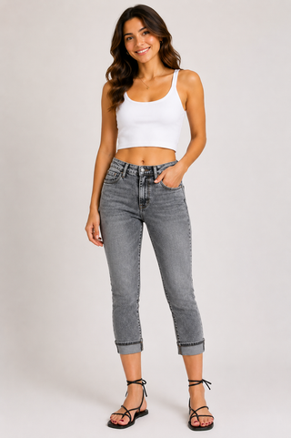 Judy Blue Sasha High Waist Cuffed Button Fly Gray Denim Capri Jeans