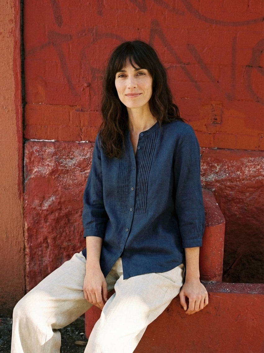 100% Linen Sculpted Accordion Pleat Crew Neck Shirt RANA - Glamourous Grace