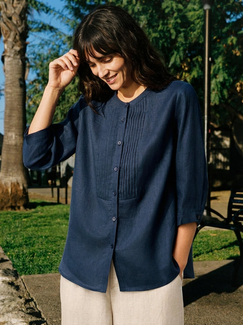 100% Linen Sculpted Accordion Pleat Crew Neck Shirt RANA - Glamourous Grace