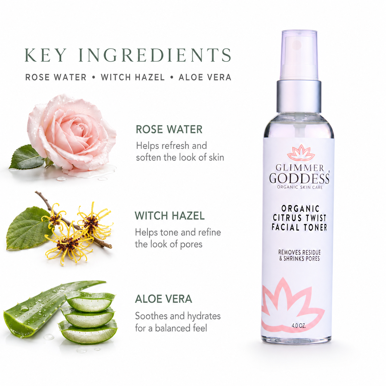 Organic Rose Water Facial Toner – Citrus Twist Toner with Witch Hazel & Aloe for Pore Tightening - Glamourous Grace
