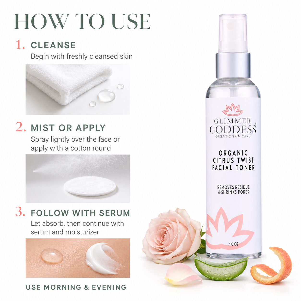 Organic Rose Water Facial Toner – Citrus Twist Toner with Witch Hazel & Aloe for Pore Tightening - Glamourous Grace