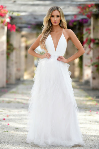 White tulle maxi dress by Lady Black Tie in size XS, featuring delicate fabric and elegant design.