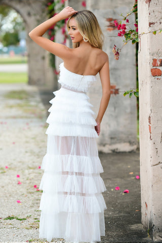 Georgia Maxi Dress - White - Ruffle Tulle Dress With Sheer Detail - Glamourous Grace