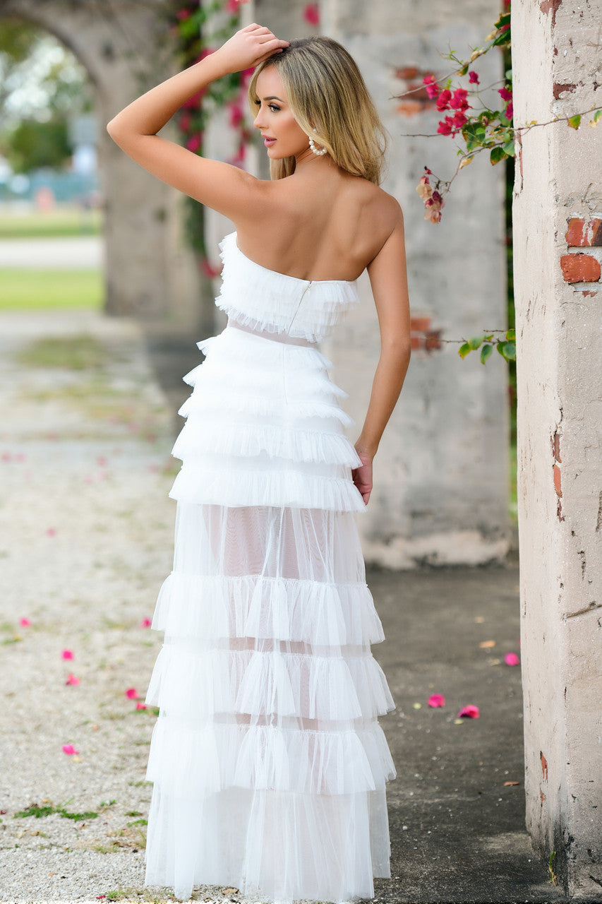 Georgia Maxi Dress - White - Ruffle Tulle Dress With Sheer Detail - Glamourous Grace
