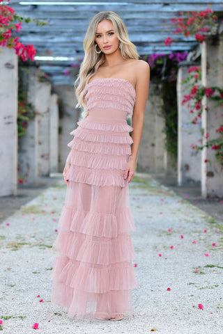 Georgia Maxi Dress - Blush - Ruffle Tulle Dress With Sheer Detail - Glamourous Grace