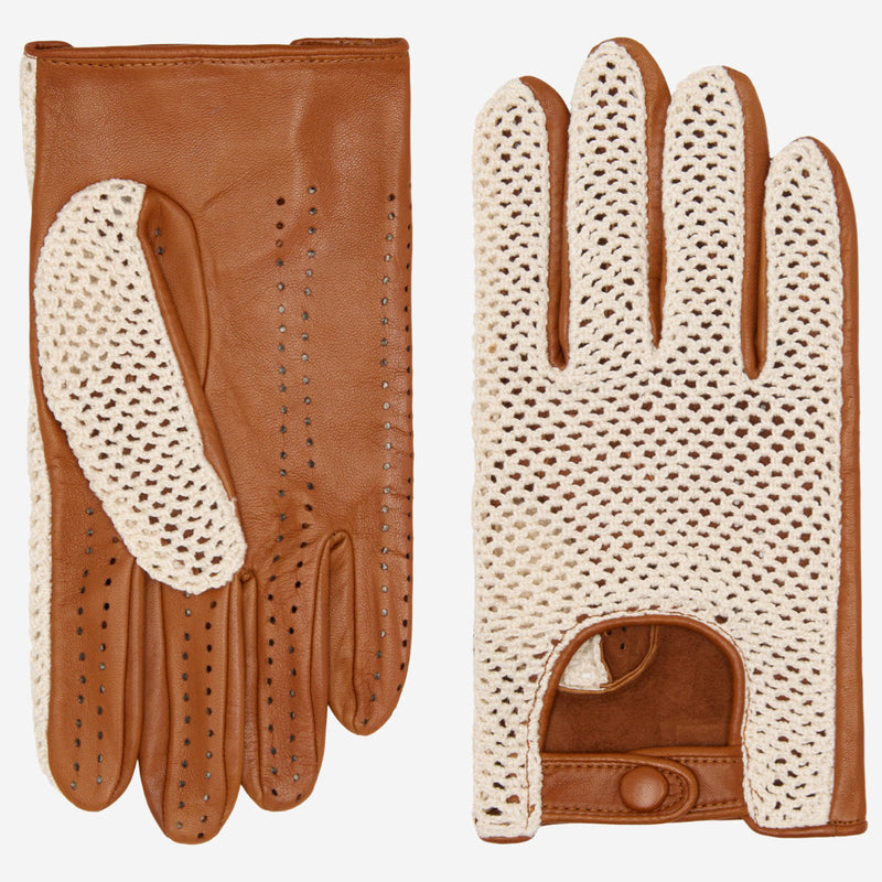 Arturo (cognac) - Hand-sewn Italian crochet driving gloves from lambskin leather - Glamourous Grace