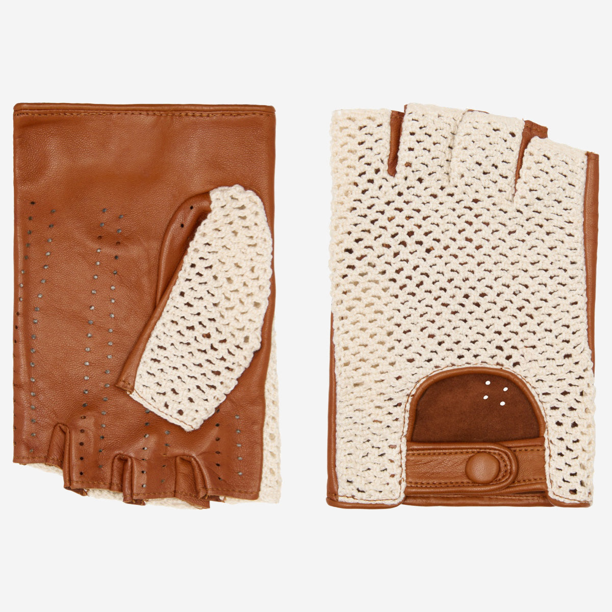 Daniella (cognac) - Hand-sewn Italian crochet driving gloves from lambskin leather - Glamourous Grace