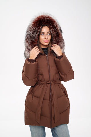Tyler Genuine Silver Fox Down Coat in Chocolate