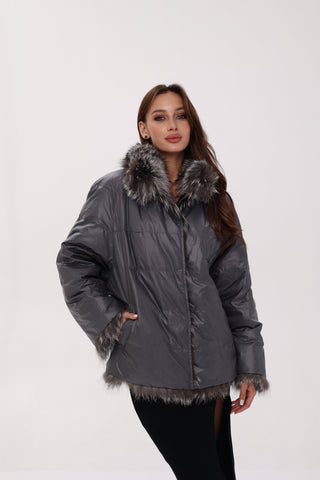 Reversible Genuine Silver Fox  Down Fill Coat in Grey