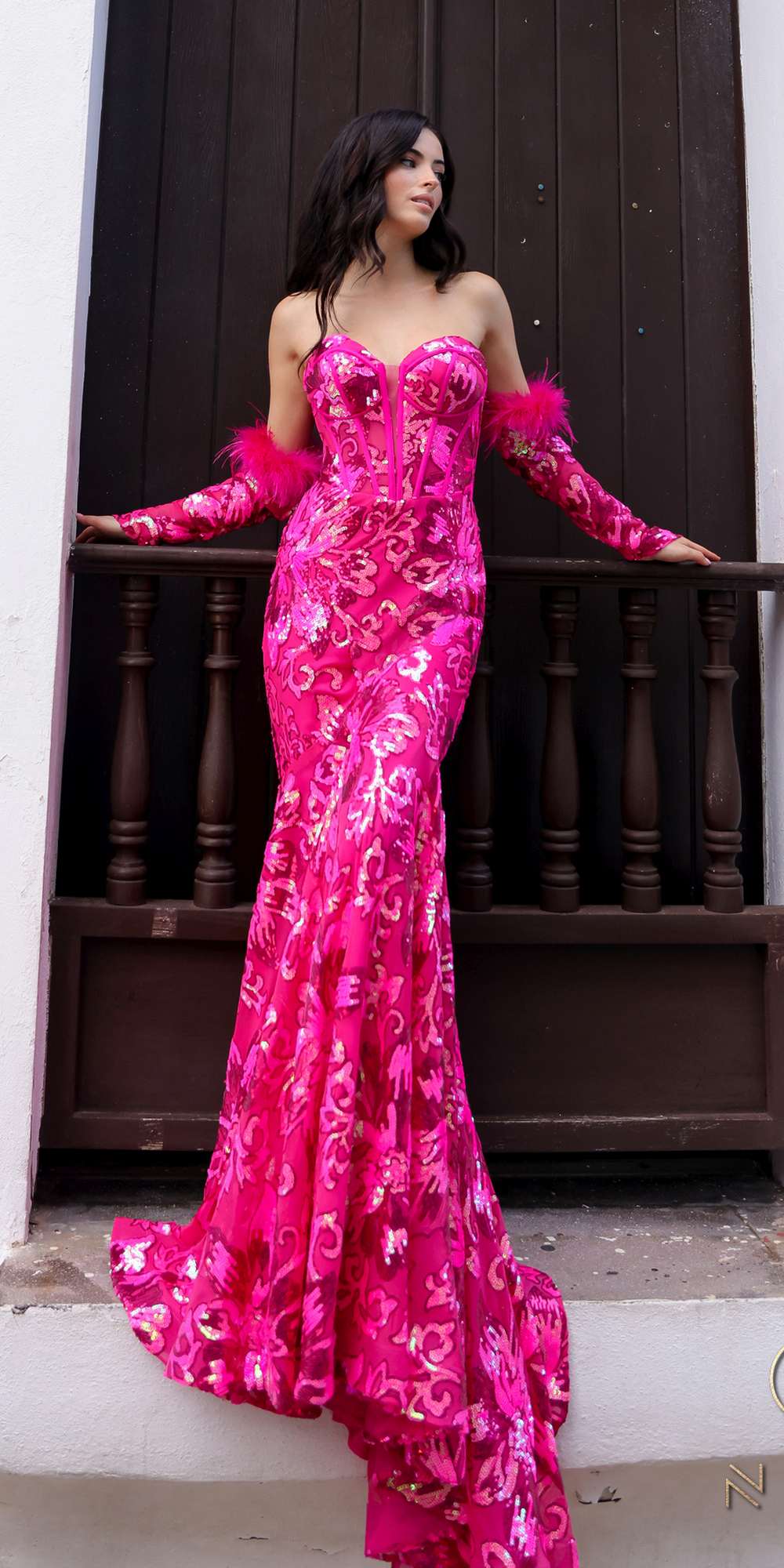 Nox Anabel D1269 Detachable Long Sleeves Floral Sequin Mermaid Gown - Glamourous Grace