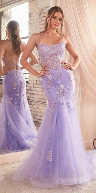 Ladivine D145 Long Sparkly Mermaid Gown Tulle Skirt Corset Back