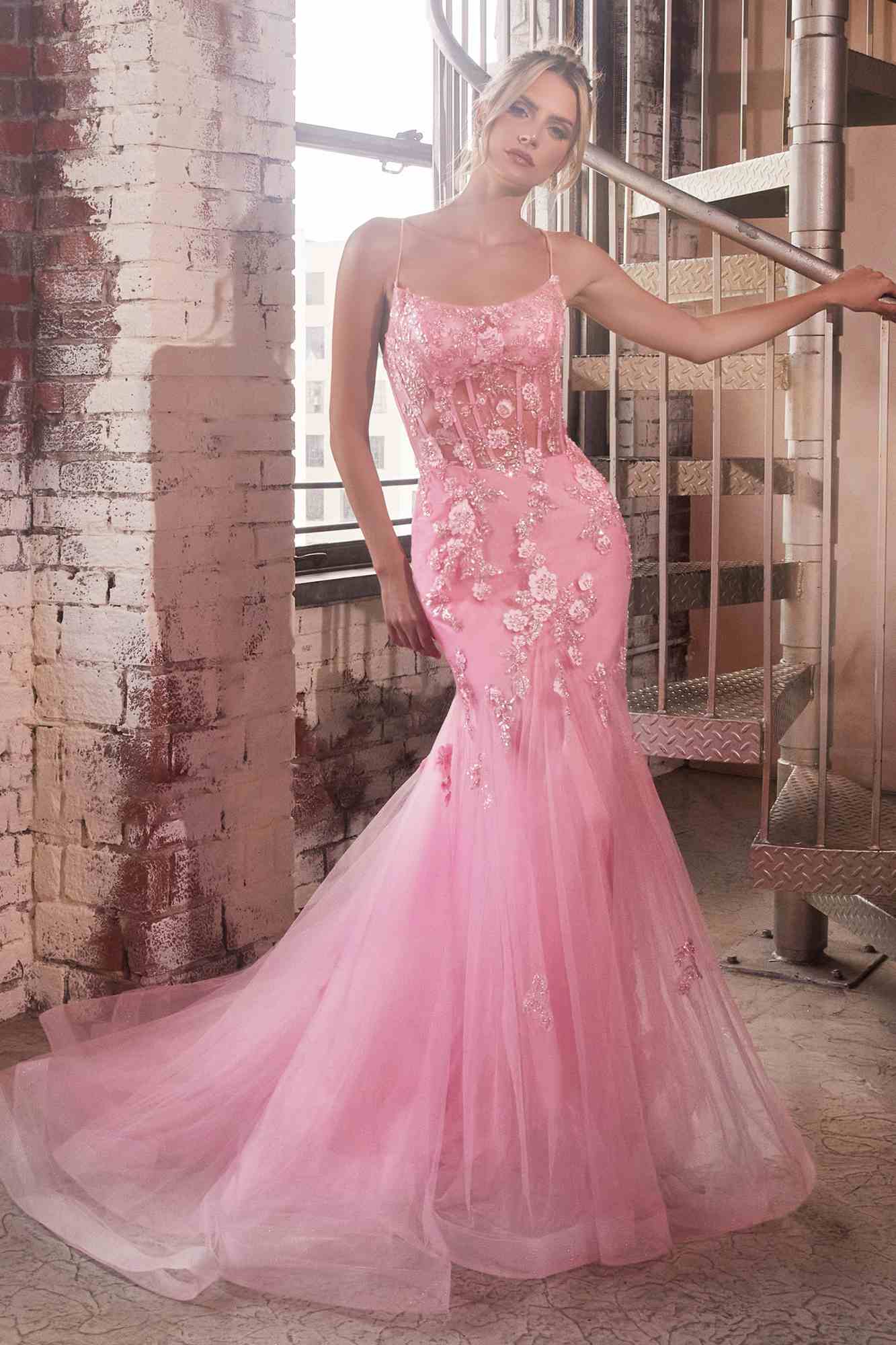 Ladivine D145 Long Sparkly Mermaid Gown Tulle Skirt Corset Back - Glamourous Grace