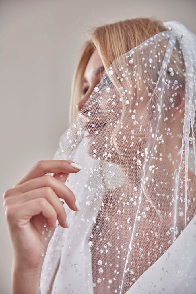 Bridal Veil, Veil with Pearls, One Layer Wedding Veil, Veil with Rhinestone-D180 - Glamourous Grace