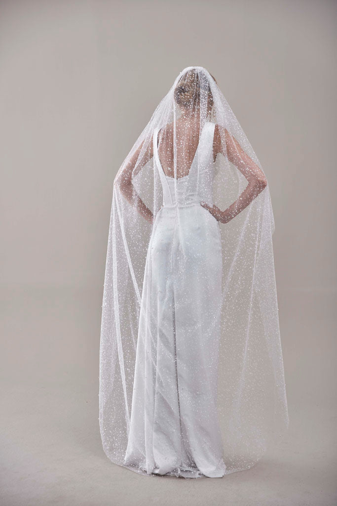 Bridal Veil, Veil with Pearls, One Layer Wedding Veil, Veil with Rhinestone-D180 - Glamourous Grace