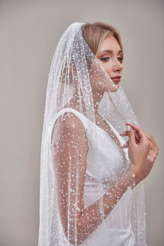 Bridal Veil, Veil with Pearls, One Layer Wedding Veil, Veil with Rhinestone-D180 - Glamourous Grace
