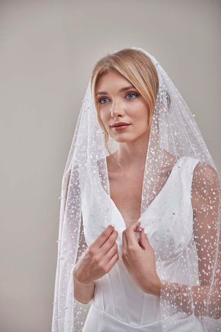 Bridal Veil, Veil with Pearls, One Layer Wedding Veil, Veil with Rhinestone-D180 - Glamourous Grace