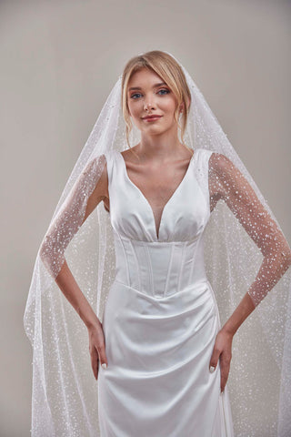Bridal Veil, Veil with Pearls, One Layer Wedding Veil, Veil with Rhinestone-D180 - Glamourous Grace