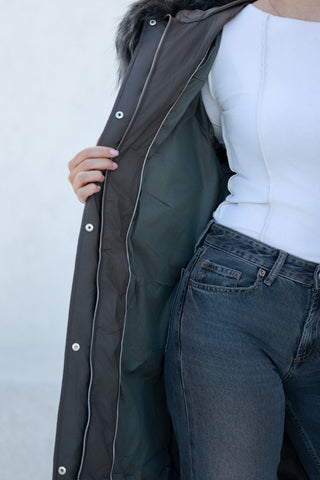 Lauren Genuine Fur Trim Down Fill Coat in Tobacco