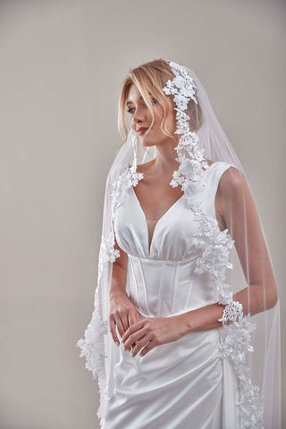 Mantilla Veil with Lace Edge, Floral Veil -D206 - Glamourous Grace