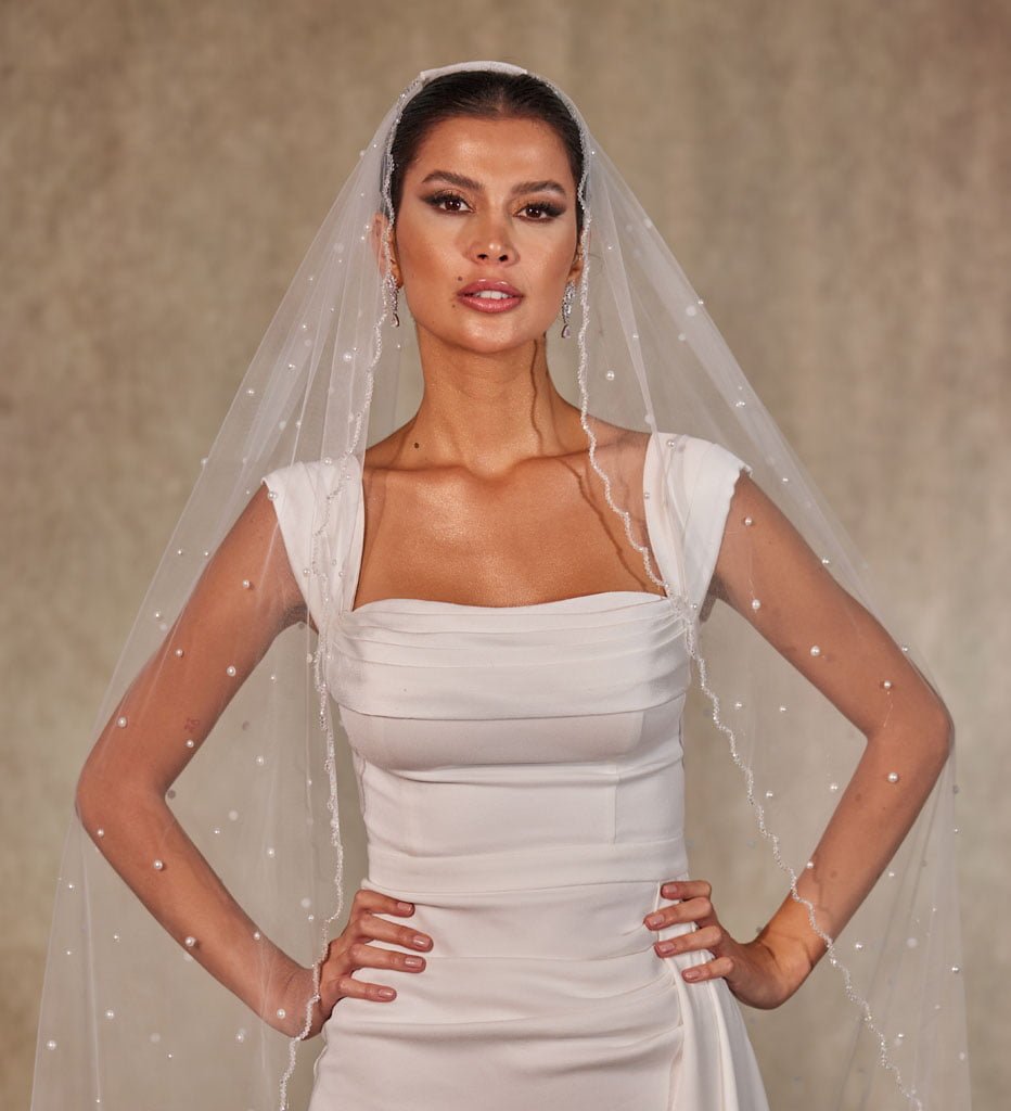 Pearl Wedding Veil, Cathedral Veil- D238 - Glamourous Grace