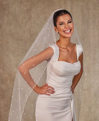 Pearl Wedding Veil, Cathedral Veil- D238 - Glamourous Grace