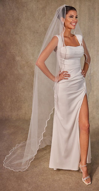 Wavy Beaded Edge Minimalist Wedding Veil- D246 - Glamourous Grace